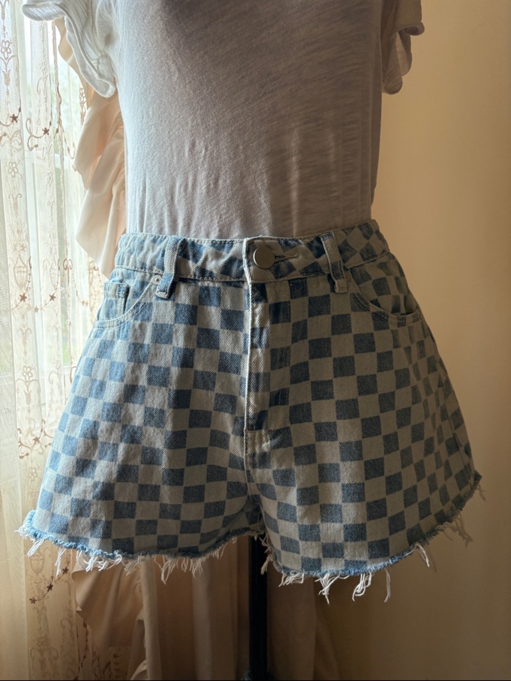 Aqua Light Blue and Cream Checkered Denim Shorts
